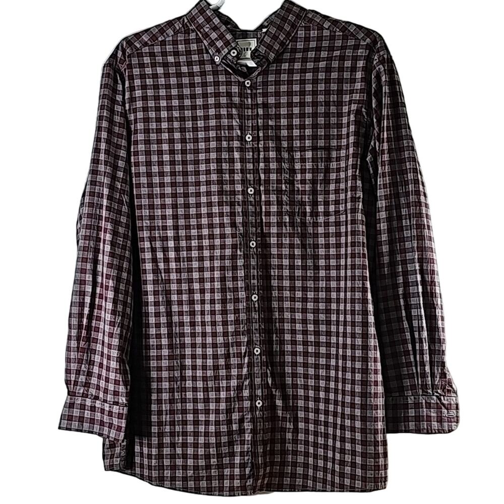 Mens Sz 2XT Burgundy Gray Plaid Long Sleeve Button Down 100% Cotton ROWN Shirt